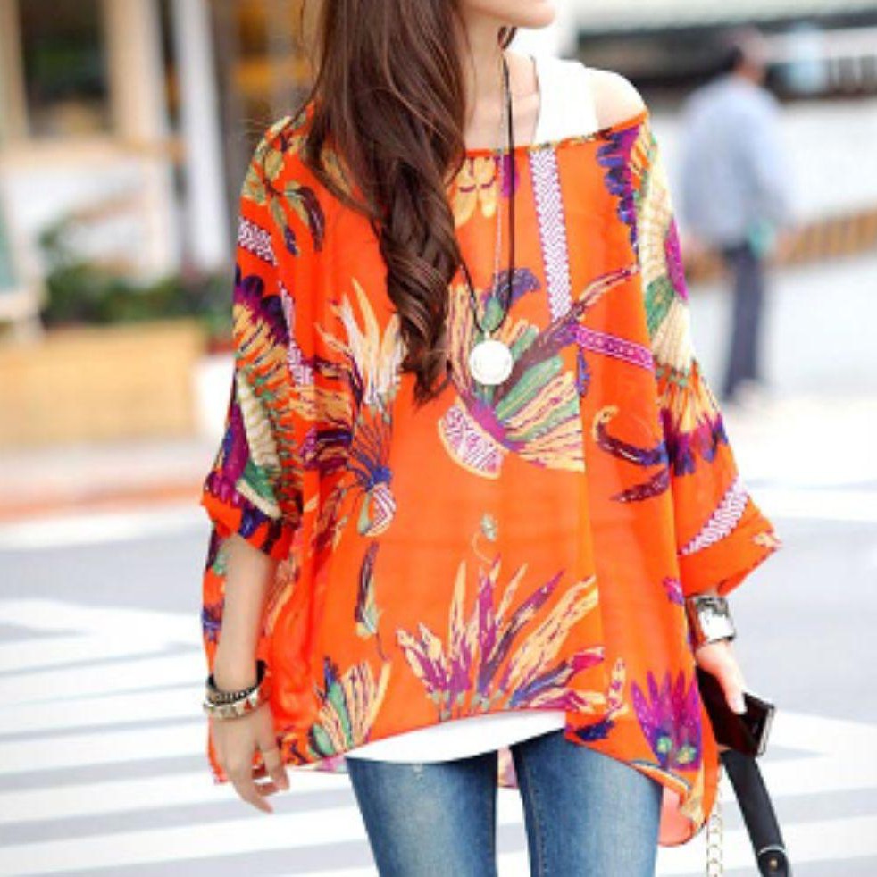 Women Loose Fit Tropical Print Chiffon Tunic Top