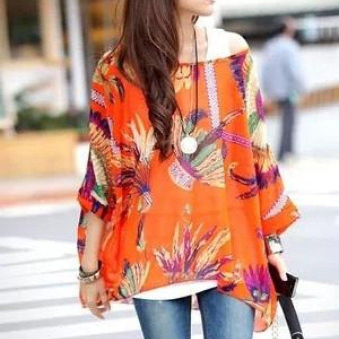 Women Loose Fit Tropical Print Chiffon Tunic Top