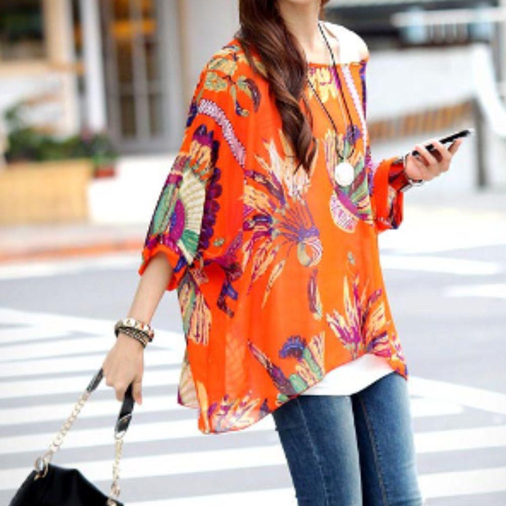 Women Loose Fit Tropical Print Chiffon Tunic Top