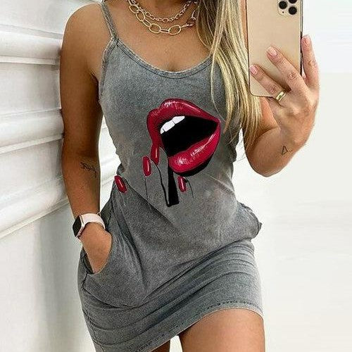 Women Sexy Straps Dress Letter Print With Pocket