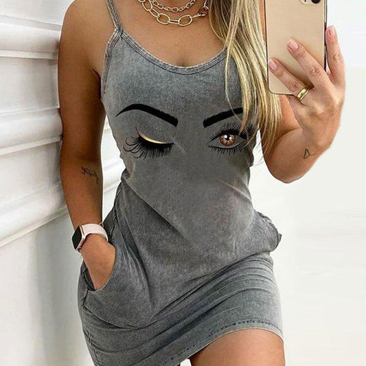 Women Sexy Straps Dress Letter Print With Pocket