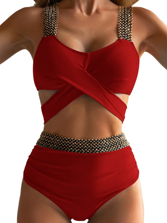 Women's bikini two-piece tight swimsuit sexy cross backless bikini Red