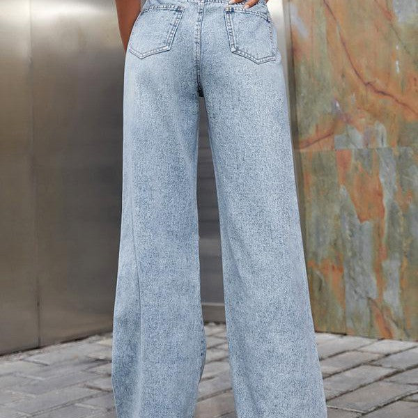 Women's Fashion ripped high waist wide leg casual denim trousers