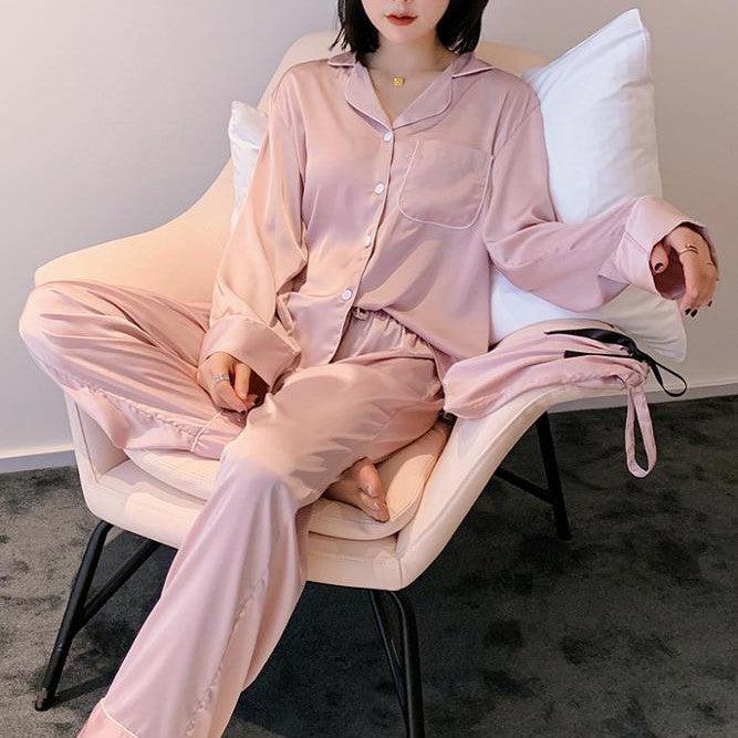 Women’s Oversized Pajamas Satin pants Button-Down Silk long sleeve Set