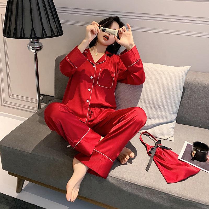 Women’s Oversized Pajamas Satin pants Button-Down Silk long sleeve Set
