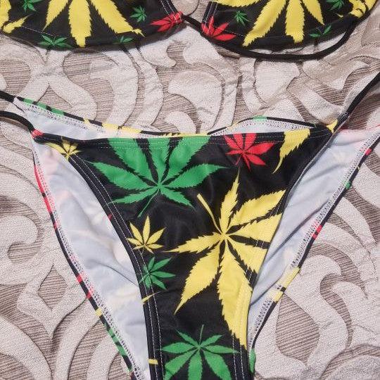 Women’s Padded Halter Colorful Hemp Leaves Weed Pattern Bandage Bikini Set