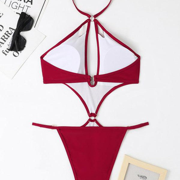 Women's Solid Color Cut-out Pearl Chain Halter One-piece Bikini Swimwear Sets