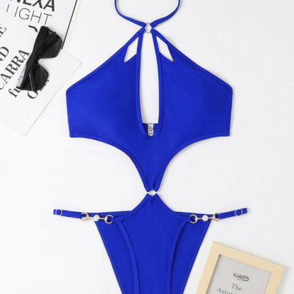 Women's Solid Color Cut-out Pearl Chain Halter One-piece Bikini Swimwear Sets