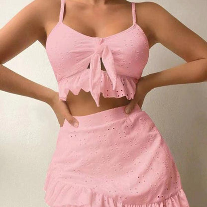 Women's Solid Color Eyelet Tie Front Ruffle Crop Tank With Matching Ruffle Hem Mini Skirt