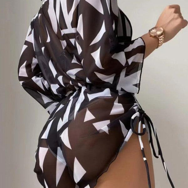 Women's Tropical Print Tie High Waist Bikini Three-Piece Set