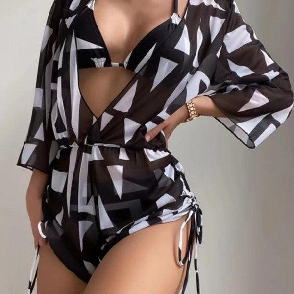 Women's Tropical Print Tie High Waist Bikini Three-Piece Set