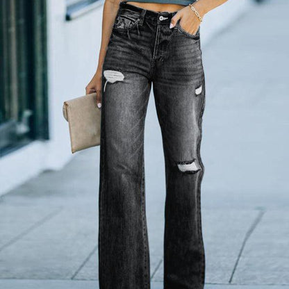 Women's jeans fashion wash ripped wide leg pants denim trousers
