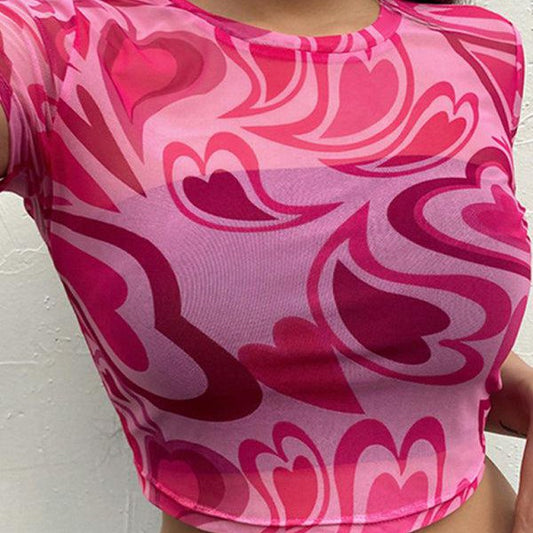 Women's round neck love mesh sexy see-through short-sleeved T-shirt top