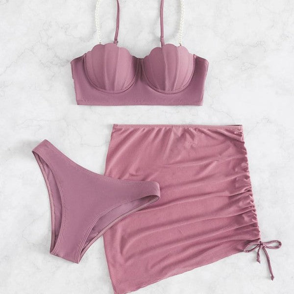 Women's solid color shell shape bikini three-piece sets
