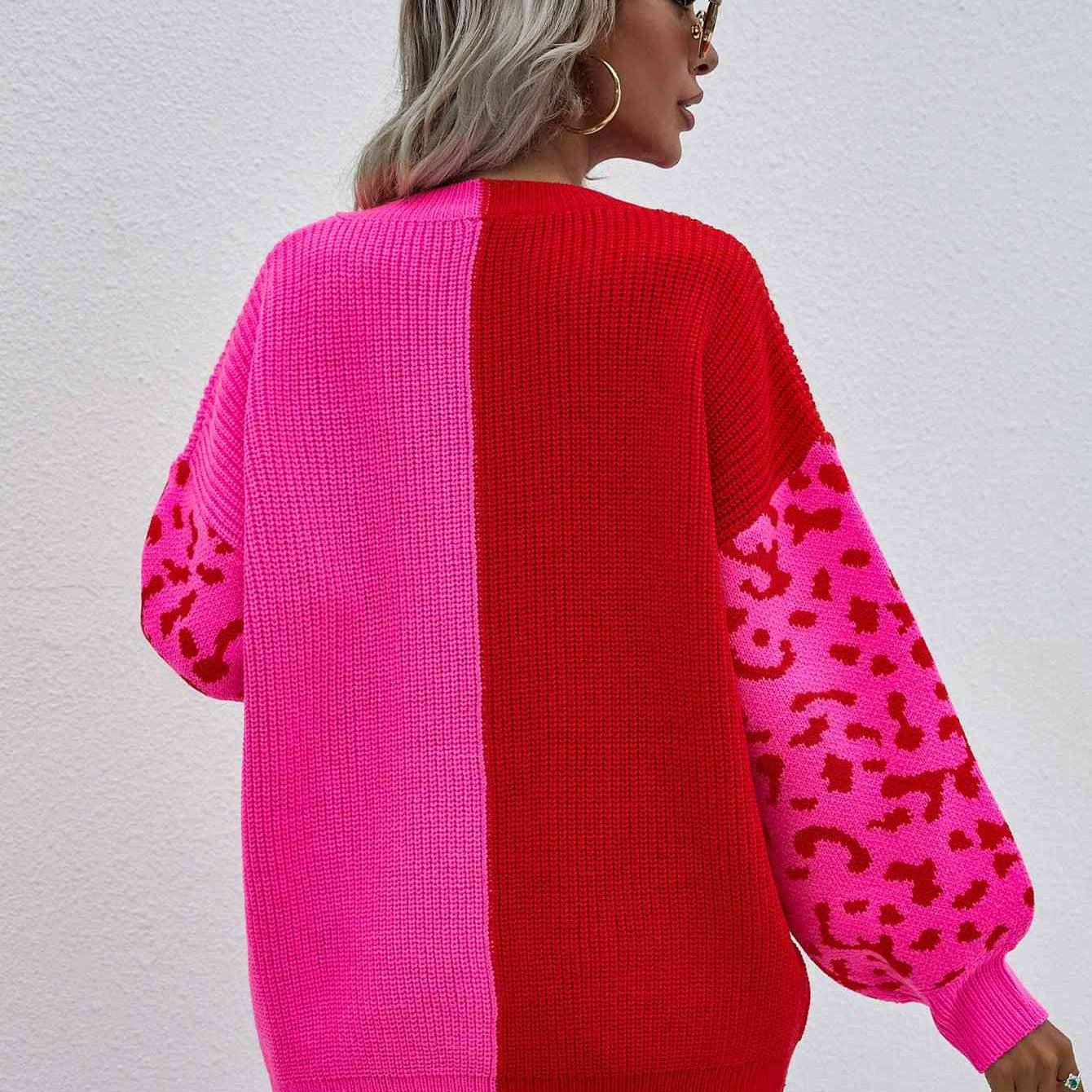Woven Right Leopard Color Block V-Neck Tunic Pullover Sweater