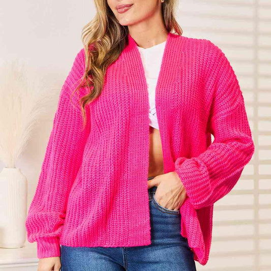 Woven Right Rib-Knit Open Front Drop Shoulder Cardigan