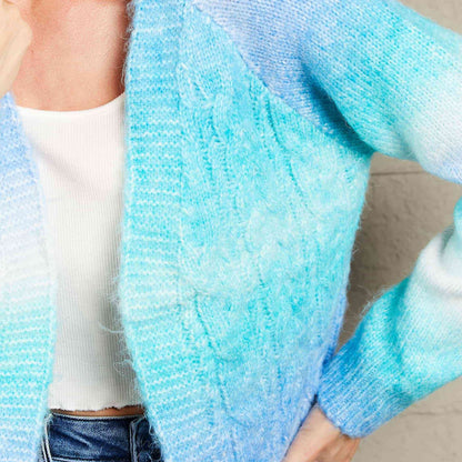 Woven Right Tie-Dye Cable-Knit Raglan Sleeve Open Front Cardigan