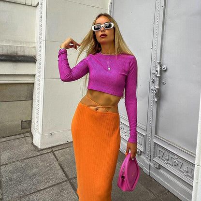 Y22ST491 Stylish Fashion Clothing Lady Two Piece Suits Rib Bodycon Sweater Long Skirts Set Women Fall Candy Color Clothes