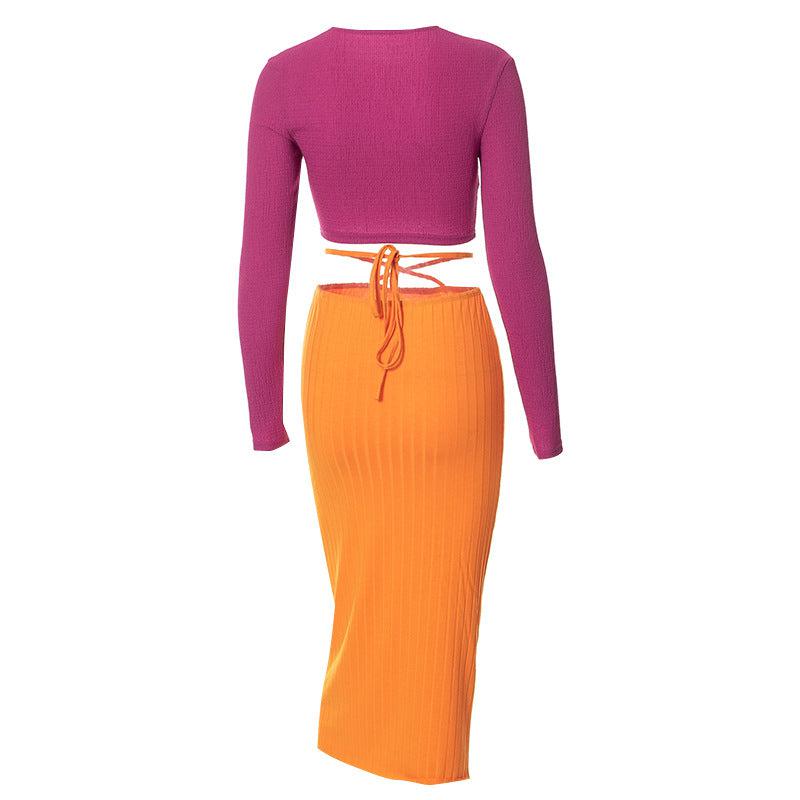 Y22ST491 Stylish Fashion Clothing Lady Two Piece Suits Rib Bodycon Sweater Long Skirts Set Women Fall Candy Color Clothes