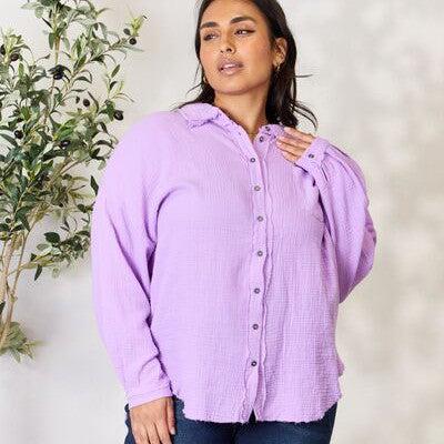 Zenana Full Size Texture Button Up Raw Hem Long Sleeve Shirt