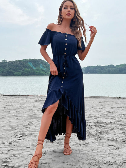 Solid Color One Shoulder Skirt Ruffle Irregular Blue Dress