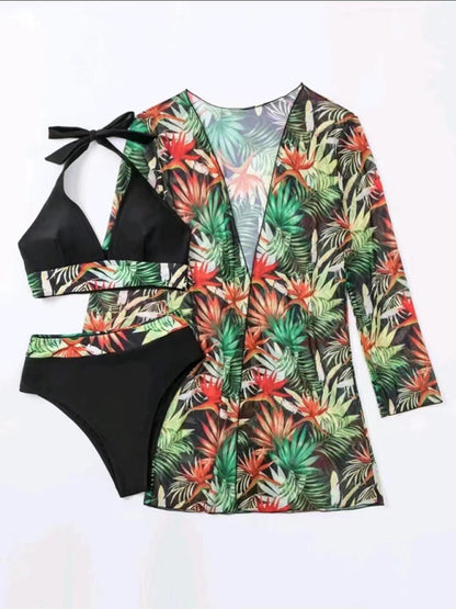 New sexy bikini push-up split printed mesh three-piece set