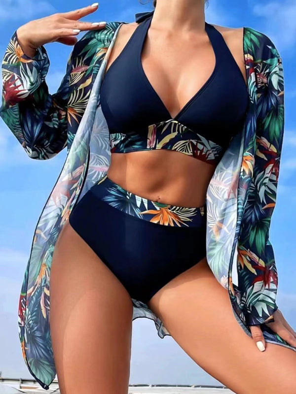 New sexy bikini push-up split printed mesh three-piece set