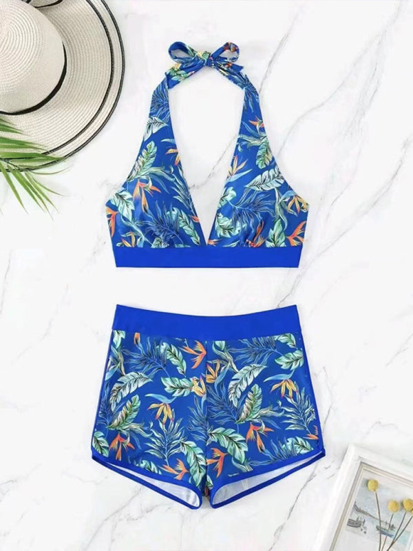 Splicing print halter neck split bikini sexy high waist swimsuit