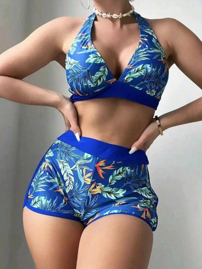 Splicing print halter neck split bikini sexy high waist swimsuit