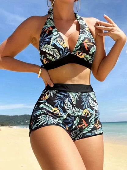 Splicing print halter neck split bikini sexy high waist swimsuit