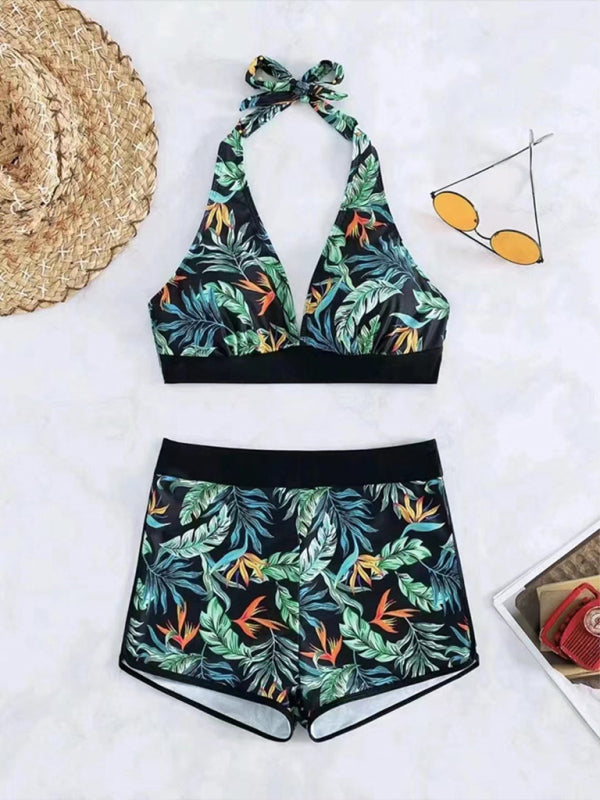 Splicing print halter neck split bikini sexy high waist swimsuit