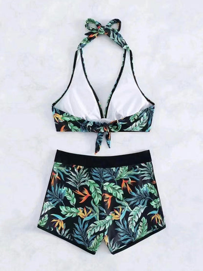 Splicing print halter neck split bikini sexy high waist swimsuit