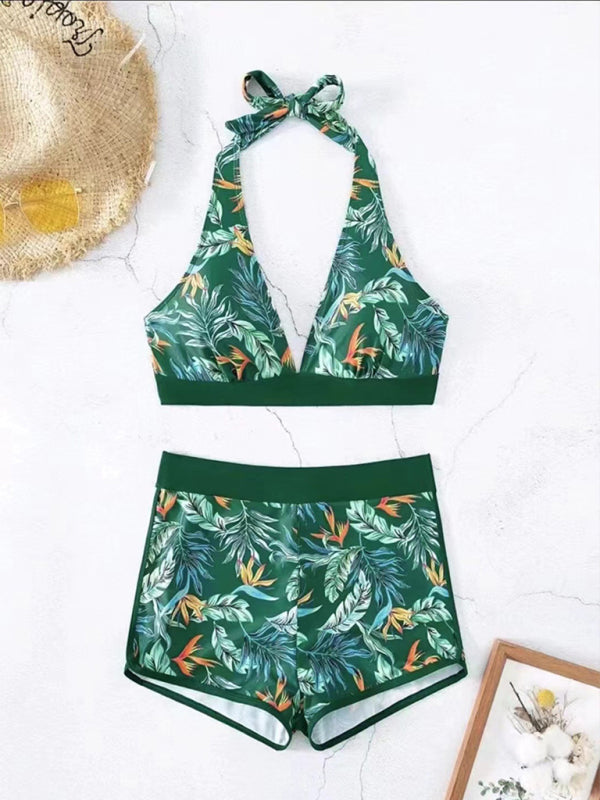 Splicing print halter neck split bikini sexy high waist swimsuit