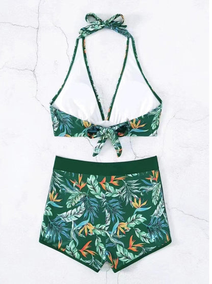 Splicing print halter neck split bikini sexy high waist swimsuit