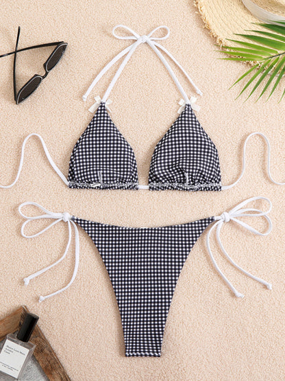 New style lace-up bikini plaid print multi-color swimsuit