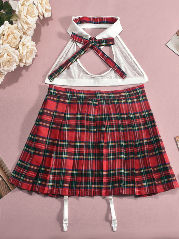 Role Play Plaid Pleated Skirt Sexy Lingerie Multi-Piece Set