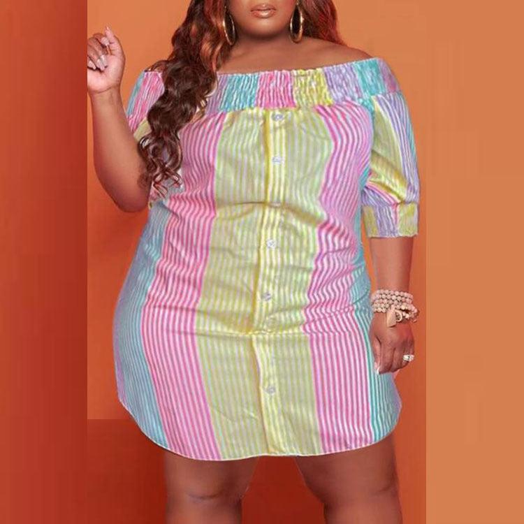 5XL plus size ladies shirts candy color stripe print off shoulder casual dresses daily outdoor office holiday woman clothing