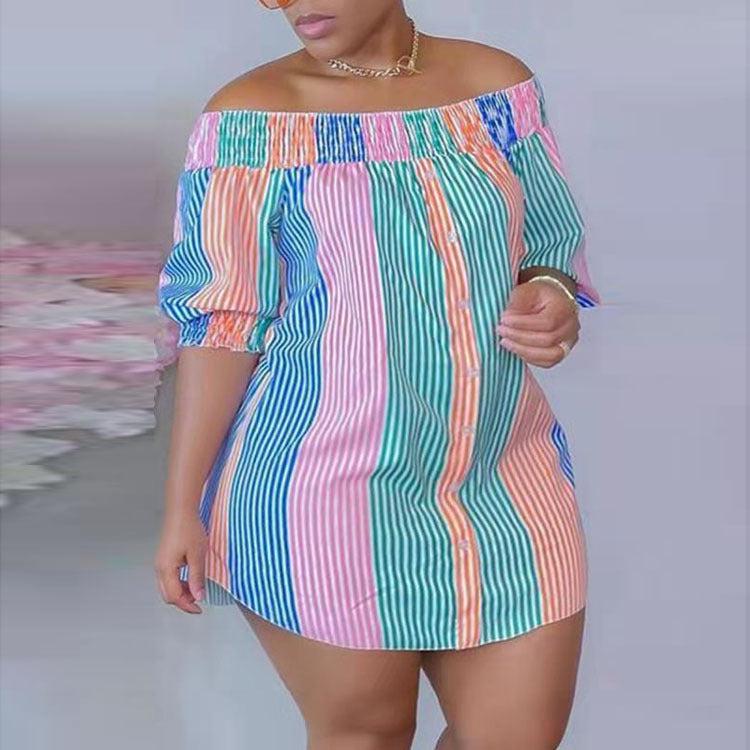 5XL plus size ladies shirts candy color stripe print off shoulder casual dresses daily outdoor office holiday woman clothing