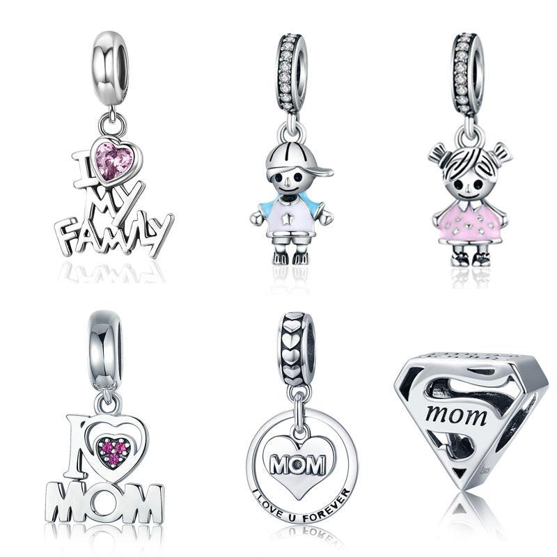 925 sterling silver super mom charms pendants I love my family charm pendant kids charms for bracelet making jewelry