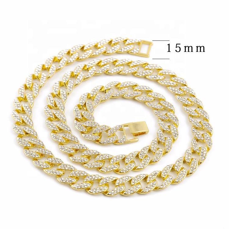 Bling Rhinestone Golden Finish Miami Cuban Link Chain Necklace Men's Hip hop Necklace Jewelry