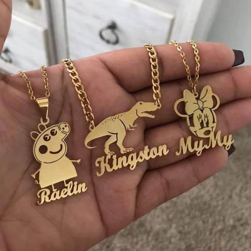 Custom Cartoon Character Necklace Kids Personalized Name Pendant Children Jewelry Gold Plated Stainless Steel Necklaces