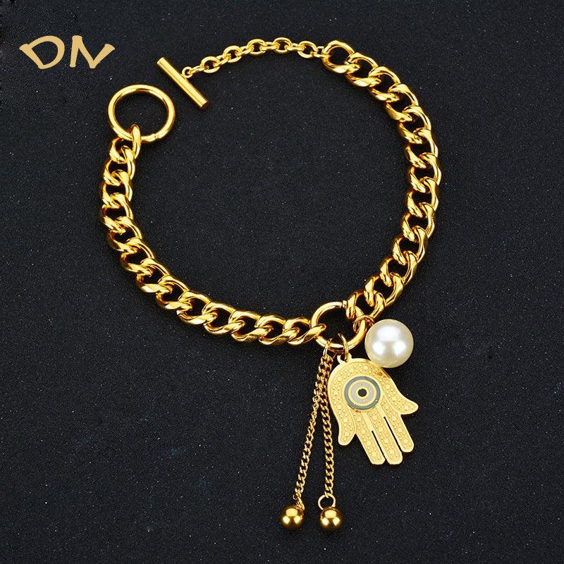 Dina Simple 18k Gold Plated Jewelry No Fade Evil Eyes Bracelet Jewelry Fatima Hamsa Hand Stainless Steel Bracelet Charms