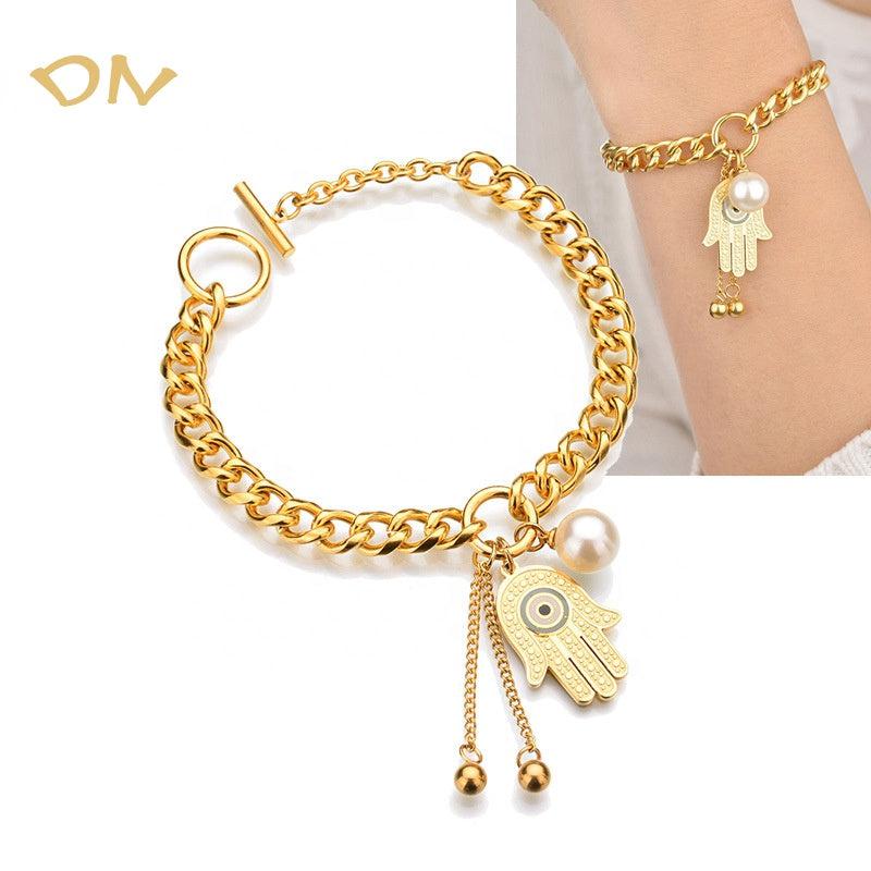 Dina Simple 18k Gold Plated Jewelry No Fade Evil Eyes Bracelet Jewelry Fatima Hamsa Hand Stainless Steel Bracelet Charms