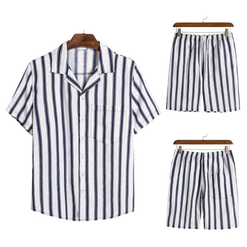 Drop Shipping Men's Summer Leisure Holiday 2 pcs Clothing Sets Fashion Cotton Linen Stripe Lapel Collar Shirt Beach Set