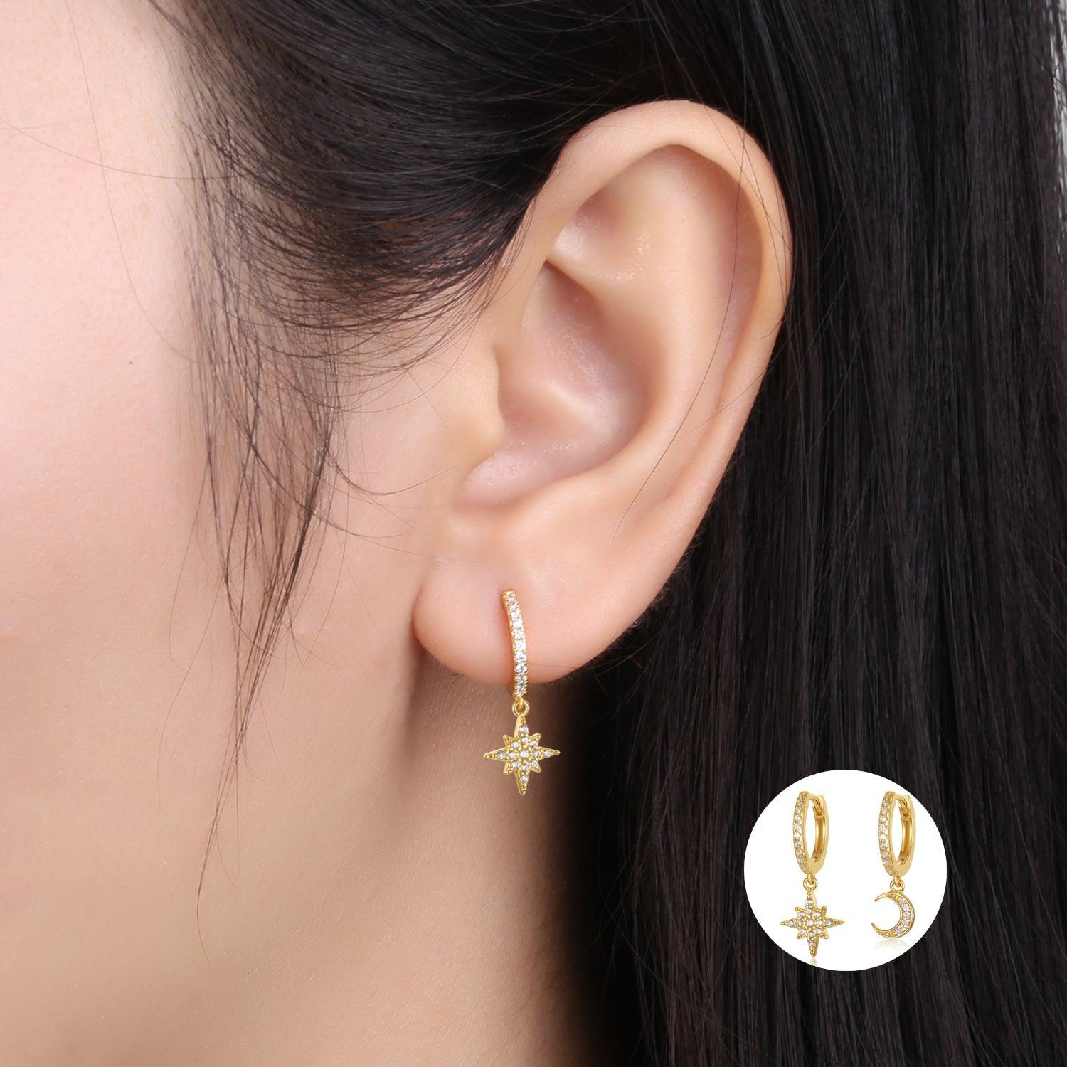 Fashion 925 Sterling Silver INS Cute Minimalist Moon and Star Gold Plated Hoop Huggies Earring jewelry for Women