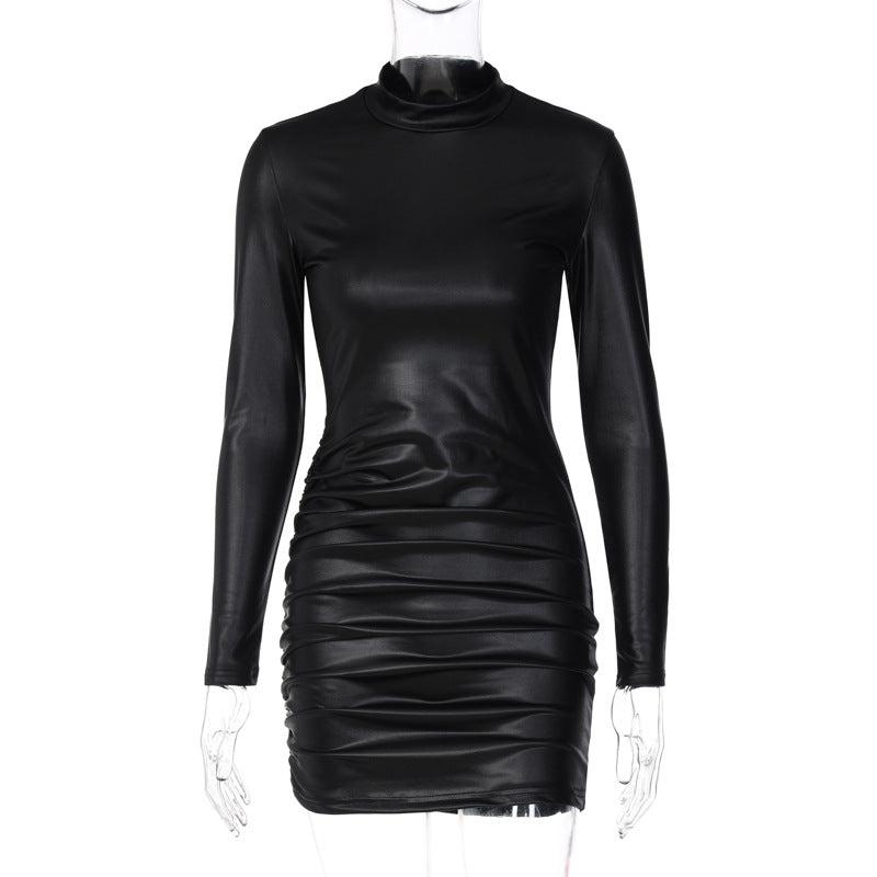Fashion Solid Color Bodycon Dress with High Neckline and Long Sleeves