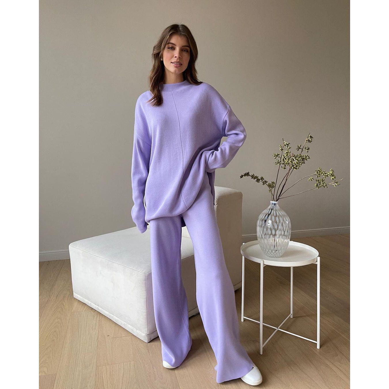 GX0021 fashion autumn winter long sleeve loose casual knitted sweater tops and trousers suit 2 piece set women clothing