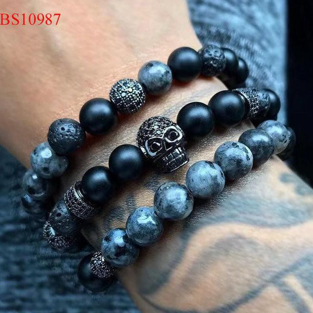 High Quality Hot Selling CZ Mirco Pave Ball Lion Charm Natural Stone Beads Elastic Bracelet Set Men Jewelry
