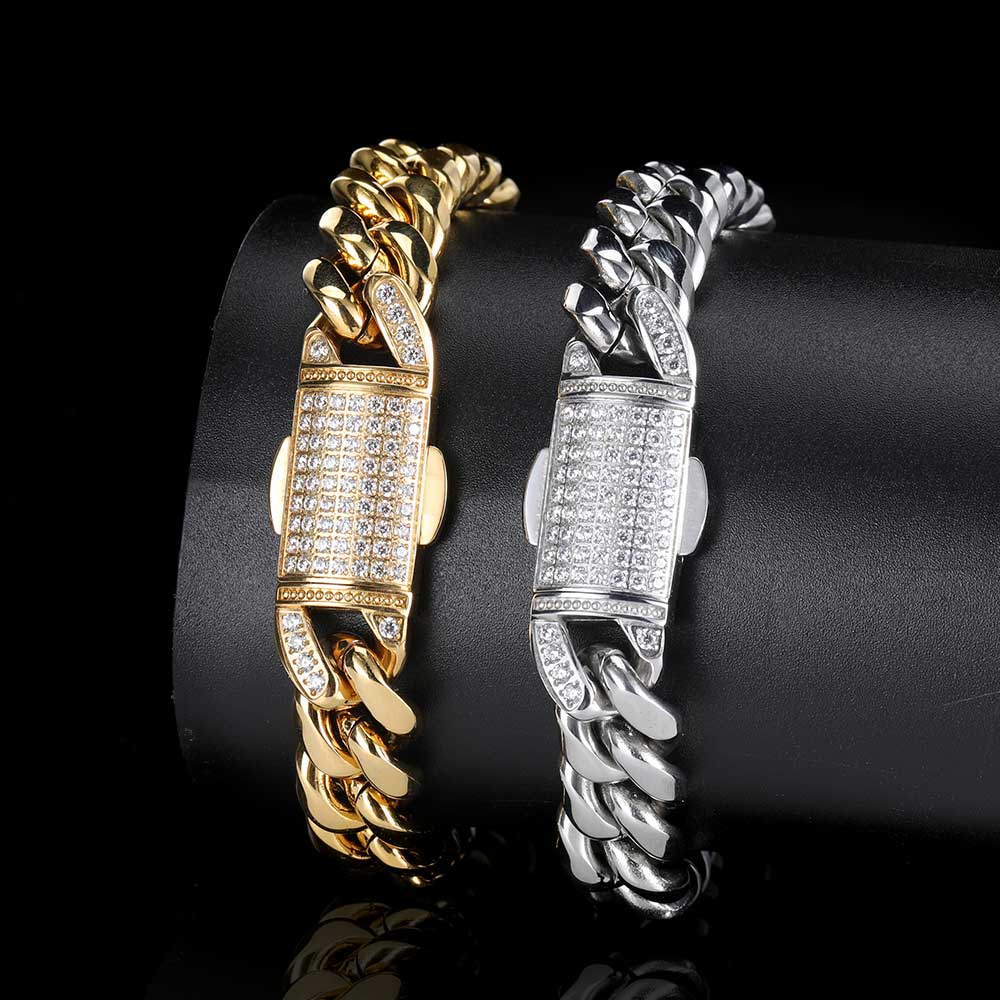 Hip Hop Chain Mens Gold Bracelets 18k Gold Plated Chain Miami Stainless Steel Cuban Bracelets
