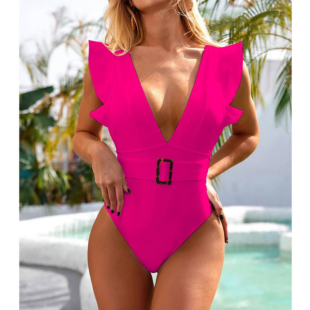 JSN7106 White Ruffle swimsuit female Belt Deep v neck woman custom bathing suit beach one piece swimwear women bathing suit